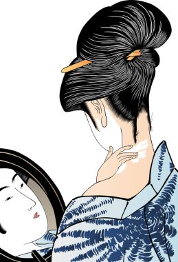 Geriye bakan kimonolu güzel bir kadın.