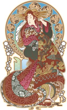 Geometrik Japon süslemeleri olan kimonolu bir kadın.