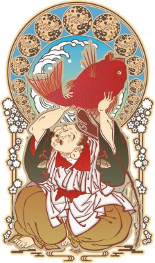 Geometrik Japon tarzı süsler ve kimonolu güzel kadınlar.