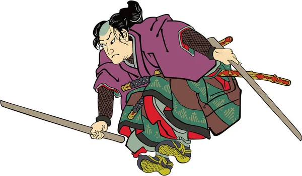Samurai Doble Empuñadura Que Está Saltando Atacando — Vector de stock