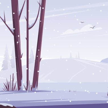 Kış karlı manzarası. Ormandaki ağaçlar ve doğa. Vektör düz resimleme.