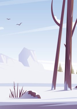 Kış karlı manzarası. Ormandaki ağaçlar ve doğa. Vektör düz resimleme.