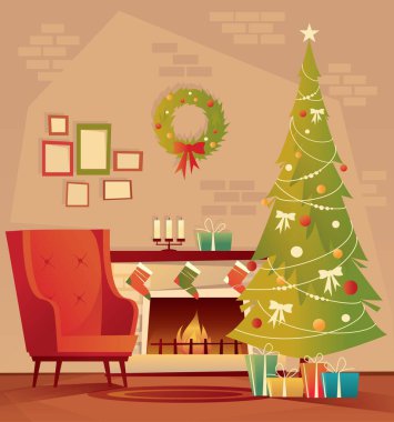 Noel ve yeni yıl için dekore edilmiş oturma odası. Noel ağacının yanında boş bir koltuk, hediyeler ve şömine. Vektör düz resimleme.