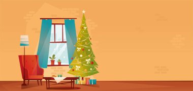 Noel ve yeni yıl için dekore edilmiş oturma odası. Noel ağacının yanında boş bir koltuk, hediyeler ve şömine. Vektör düz resimleme.