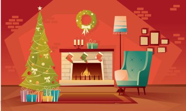 Noel ve yeni yıl için dekore edilmiş oturma odası. Noel ağacının yanında boş bir koltuk, hediyeler ve şömine. Vektör düz resimleme.