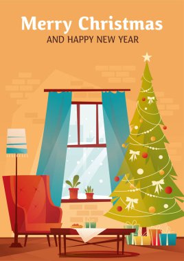 Noel ve yeni yıl için dekore edilmiş oturma odası. Noel ağacının yanında boş bir koltuk, hediyeler ve şömine. Vektör düz resimleme.