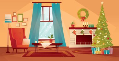 Noel ve yeni yıl için dekore edilmiş oturma odası. Noel ağacının yanında boş bir koltuk, hediyeler ve şömine. Vektör düz resimleme.