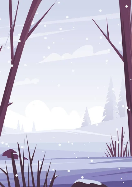 Paisaje nevado de invierno. Árboles y naturaleza en el bosque. Ilustración plana del vector. — Vector de stock