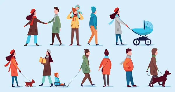 Una serie di personaggi vestiti con abiti invernali. Persone che camminano nel parco invernale. — Vettoriale Stock