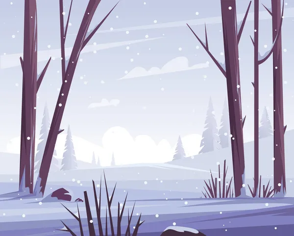 Inverno paisagem nevada. Árvores e natureza na floresta. Ilustração plana vetorial. — Vetor de Stock