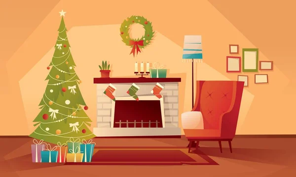 Sala de estar decorada para Navidad y Año Nuevo. Un sillón vacío cerca de un árbol de Navidad con regalos y una chimenea. Ilustración plana del vector. — Vector de stock