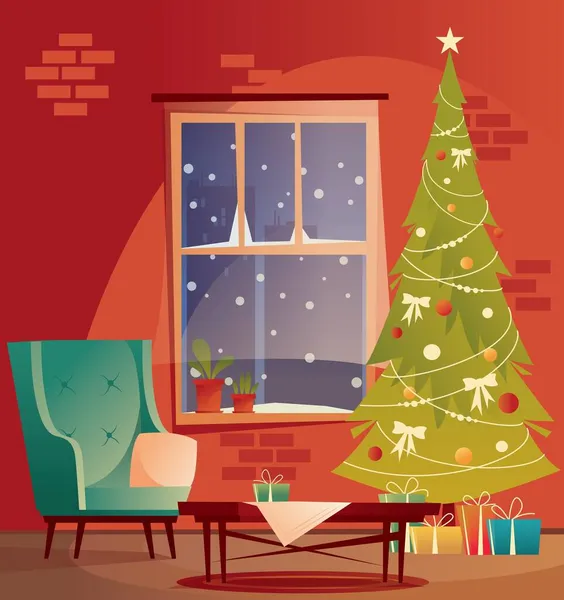 Woonkamer ingericht voor Kerstmis en Nieuwjaar. Een lege fauteuil bij een kerstboom met geschenken en een open haard. Vector platte illustratie. — Stockvector