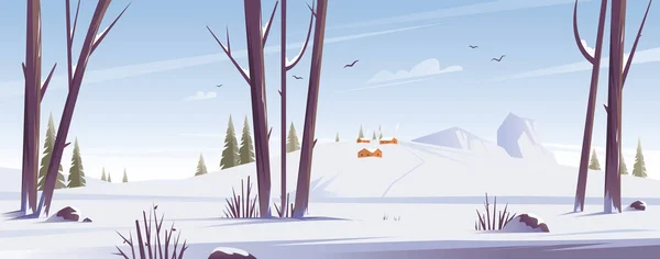 Inverno paisagem nevada com casas de aldeia. Árvores e natureza na floresta. Ilustração plana vetorial. — Vetor de Stock