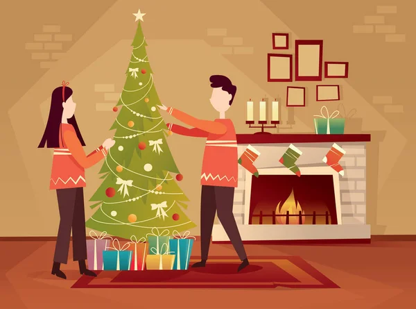A young couple decorates the Christmas tree. Vector flat illustration. — Stock Vector