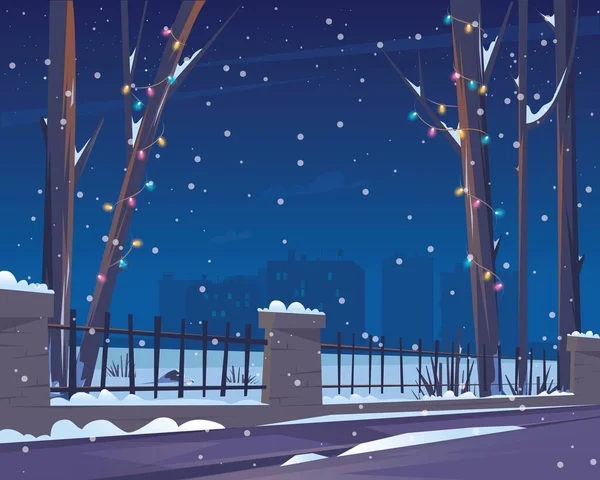 Winter nachtpark in de sneeuw. Vector platte illustratie. — Stockvector