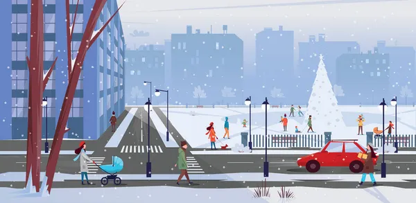 Winterstadsgezicht. Mensen lopen in de besneeuwde stad. Vector platte illustratie. — Stockvector