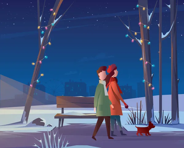 Een paar met een hond wandelen 's nachts in een winterpark. Vector platte illustratie. — Stockvector