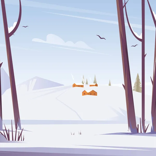 Paesaggio innevato invernale con case di paese. Alberi e natura nella foresta. Illustrazione piatta vettoriale. Vettoriale Stock