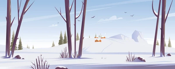 Zimowy śnieżny krajobraz z domami wiejskimi. Drzewa i przyroda w lesie. Wektor płaska ilustracja. Ilustracje Stockowe bez tantiem