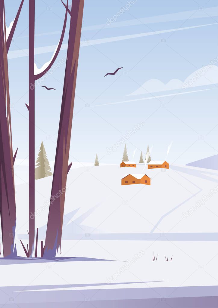 Winter snowy landscape with village houses. Trees and nature in the forest. Vector flat illustration.