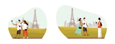 Bir grup turist Avrupa, Fransa ve Paris 'te tıbbi koruyucu maskelerle dolaşıyorlar. Koronavirüs salgını sırasında seyahat etmek..