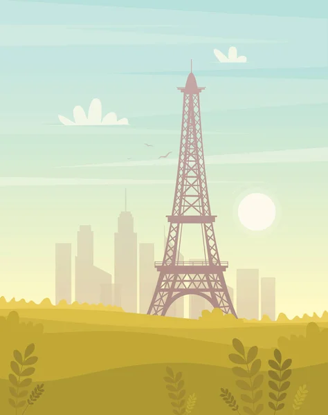 Θέα στην πόλη σε ηλιόλουστη μέρα στο Παρίσι με ιστορικά κτίρια, ο πύργος του Άιφελ, δέντρα. Ώρα για ταξίδι. Σε όλο τον κόσμο. Γαλλία — Διανυσματικό Αρχείο