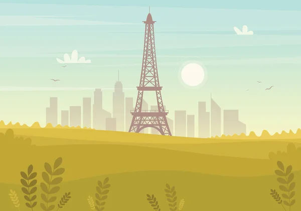 Vista de la ciudad en un día soleado en París con edificios históricos, la torre Eiffel, árboles. Tiempo para viajar. En todo el mundo. Francia — Vector de stock
