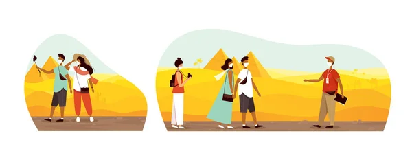 Un gruppo di turisti viaggia in Egitto con maschere protettive mediche. Viaggiare durante l'epidemia di coronavirus. — Vettoriale Stock