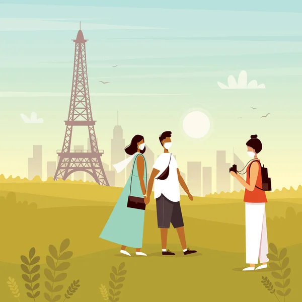 Ein junges Paar reist in medizinischen Schutzmasken durch Europa, Frankreich, Paris. Reisen während der Coronavirus-Epidemie. — Stockvektor