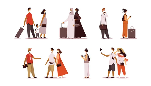 Set di personaggi viaggianti mascherati. Persone con macchina fotografica, bagagli e bambini. — Vettoriale Stock