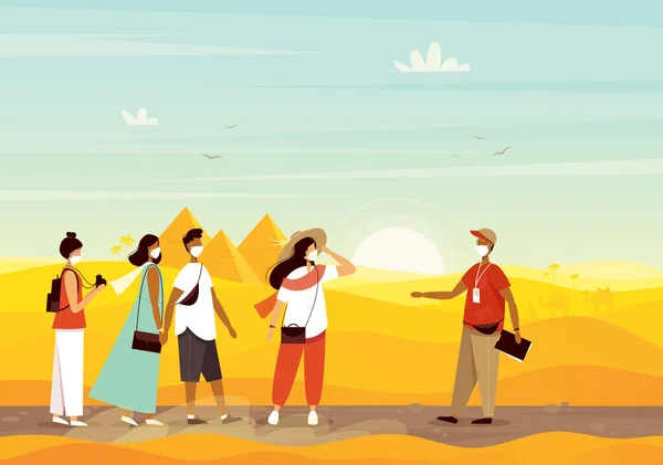 Μια ομάδα τουριστών ταξιδεύουν γύρω από την Αίγυπτο με ιατρικές προστατευτικές μάσκες. Ταξιδεύοντας κατά τη διάρκεια της επιδημίας Coronavirus. — Διανυσματικό Αρχείο