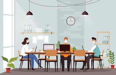 Ofiste çalışan maskeli insanlar. Coronavirus pandemik vektör çiziminde işyeri.