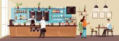 Karantina zamanında modern kafe. Gençler güvenli bir mesafeden bir kafede dinleniyor ve çalışıyor. Kafeteryada maskeli.