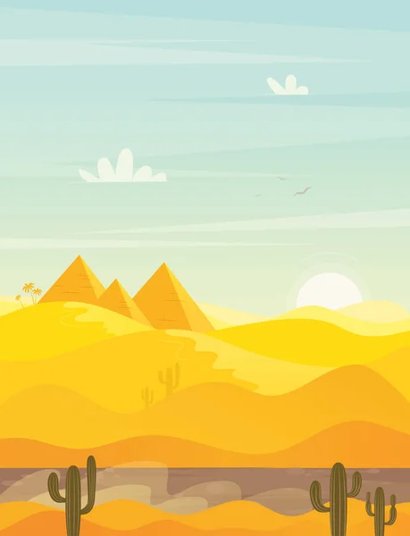 Deserto egípcio com pirâmides. Desenho animado vetorial ilustração da paisagem com dunas de areia amarela, túmulos antigos do faraó do Egito, sol quente e nuvens no céu. — Vetor de Stock