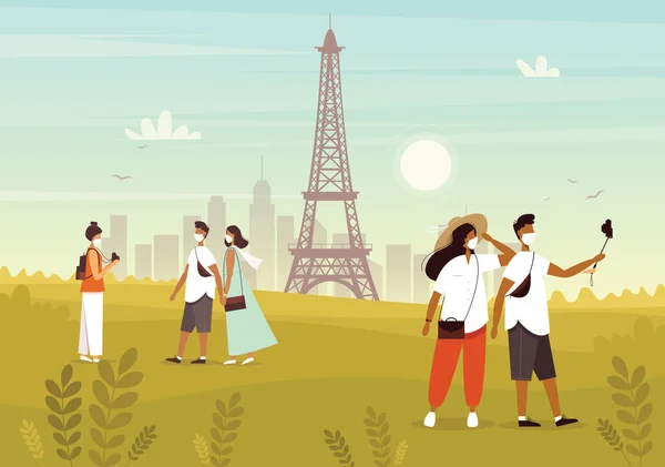 Eine Gruppe von Touristen reist in medizinischen Schutzmasken durch Europa, Frankreich, Paris. Reisen während der Coronavirus-Epidemie. — Stockvektor