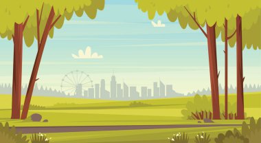 Ağaçlı yeşil yaz parkı manzarası. Arka planda şehir.