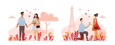 Farklı pozlarda bir dizi romantik karakter. Birbirine aşık çiftler. Vektör illüstrasyonu.