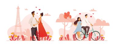 Farklı pozlarda bir dizi romantik karakter. Birbirine aşık çiftler. Vektör illüstrasyonu.