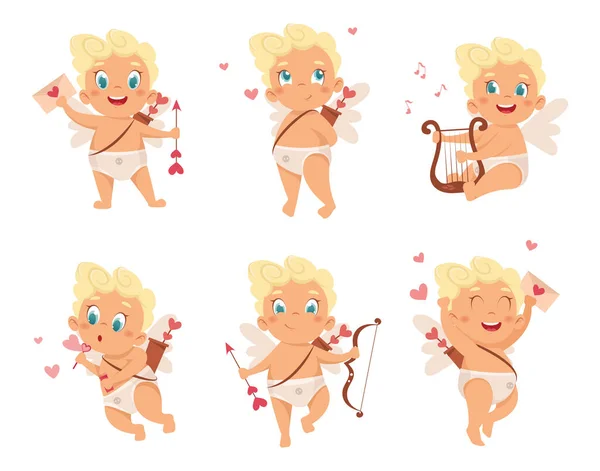 Carino personaggio Cupido impostato in pose diverse. Bambini Amur. Caratteri vettoriali. — Vettoriale Stock