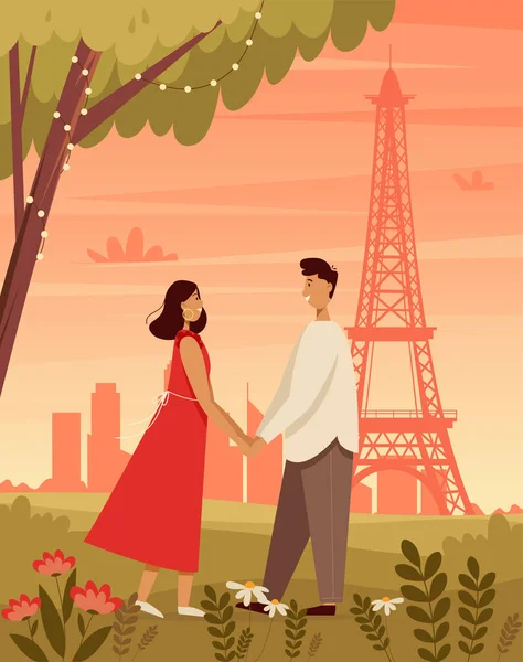 A loving couple walks in the park against the background of the eiffel tower. Valentines day banner. Romantic landscape background. Illustrazioni Stock Royalty Free