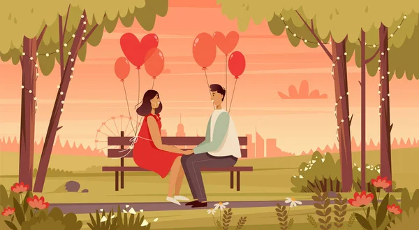 Um casal apaixonado senta-se num banco com balões. Banner do dia dos namorados. Paisagem romântica fundo. —  Vetores de Stock