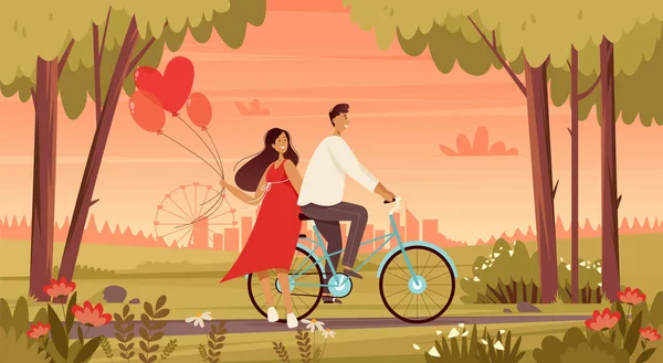 Couple in love riding a bicycle with balloons. Valentines day banner. Romantic landscape background. — Stock Vector