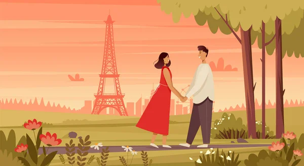 Kochająca się para spaceruje po parku na tle wieży Eiffla. Baner Walentynkowy. Romantyczne tło krajobrazu. Grafika Wektorowa
