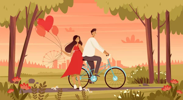 Couple in love riding a bicycle with balloons. Valentines day banner. Romantic landscape background. Vettoriale Stock