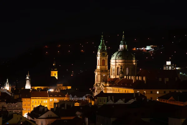 Prague Night View Basilica Mikulas Cityscape — стоковое фото