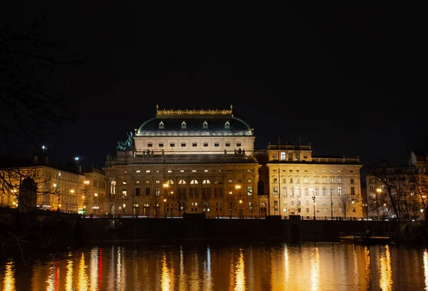 Prague Night National Theater Reflection Lights River — стоковое фото