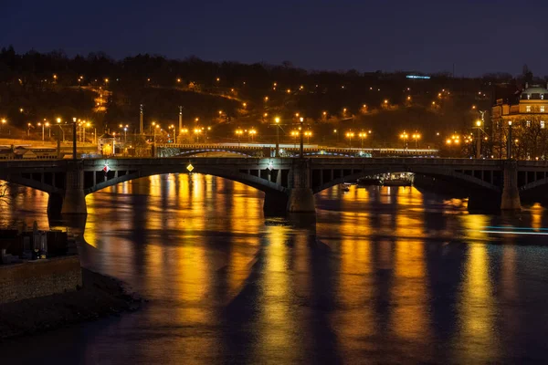 Prague Night View Bridges Vlatava River Reflection Night City Lights — стокове фото