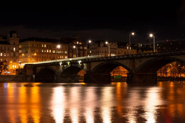 Prague Night View Bridges Vlatava River Reflection Night City Lights — стоковое фото