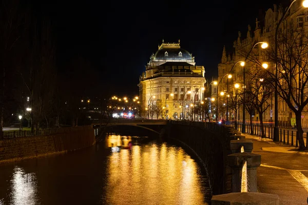 Prague Night National Theater Reflection Lights River — Zdjęcie stockowe