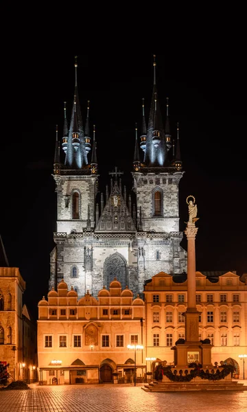 Prague Night Tyn Church City Square Cityscape — стоковое фото